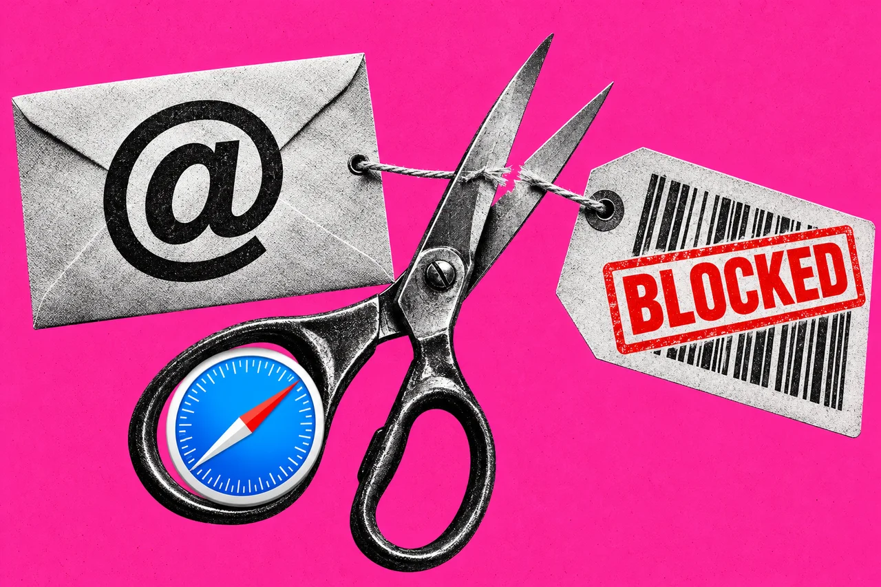 a halftone paper envelope marked with a large '@' symbol, tied by a string to a halftone barcode luggage tag, with large halftone scissors cutting the string between them. the blue Safari compass icon on the handle of the scissors, and a red rubber stamp across the barcode tag reading "BLOCKED"