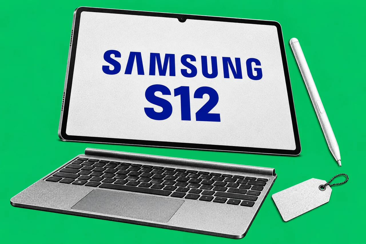 Halftone Galaxy Tab S12 Ultra silhouette with the blue Samsung wordmark and S12 on its screen, beside a pale S Pen, detached keyboard and blank price tag, on an emerald background.