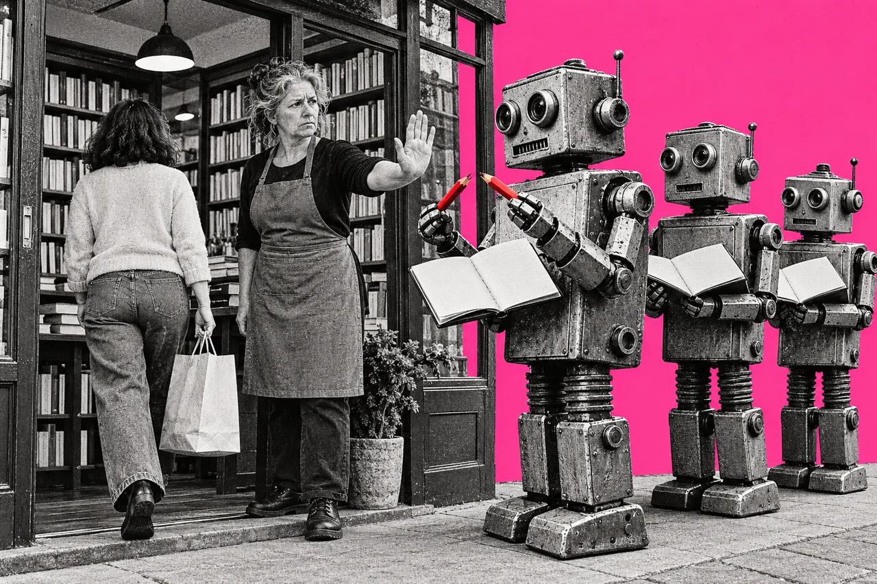 a halftone woman in her fifties standing in the open doorway of her small suburban bookshop, holding up one flat palm towards a short queue of three halftone boxy robots waiting on the footpath with notebooks open, while a halftone customer with a shopping bag walks into the shop past her. the lead robot's pencil is the only full-colour element, bright red and snapped cleanly in half; no words