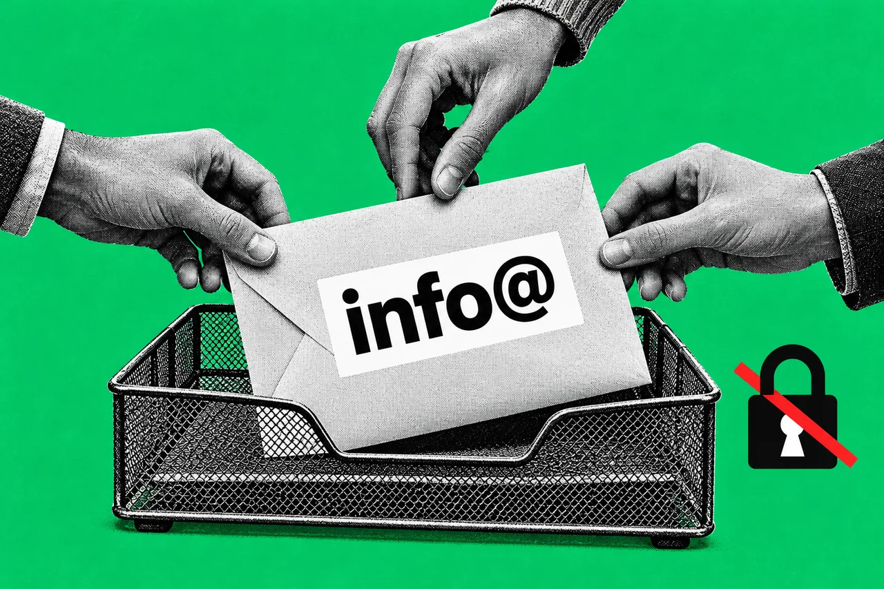a halftone wire office in-tray holding one large halftone paper envelope, with three halftone hands reaching toward the envelope from different sides. a white address label on the envelope reading "info@" in bold black type, and a small padlock icon with a red line struck through it beside the tray