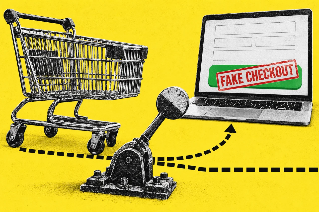 a large black-and-white halftone shopping cart parked in front of a halftone laptop showing a blank payment form, with a halftone railway-style points lever diverting a dotted path away from the cart, on one flat saturated security-yellow background; a simple desk collage with visible photocopy grain and no faces, crests, logos, card numbers or personal data. a full-colour green rounded checkout button on the laptop screen with a bold red rubber stamp across it reading FAKE CHECKOUT; these are the only two readable words