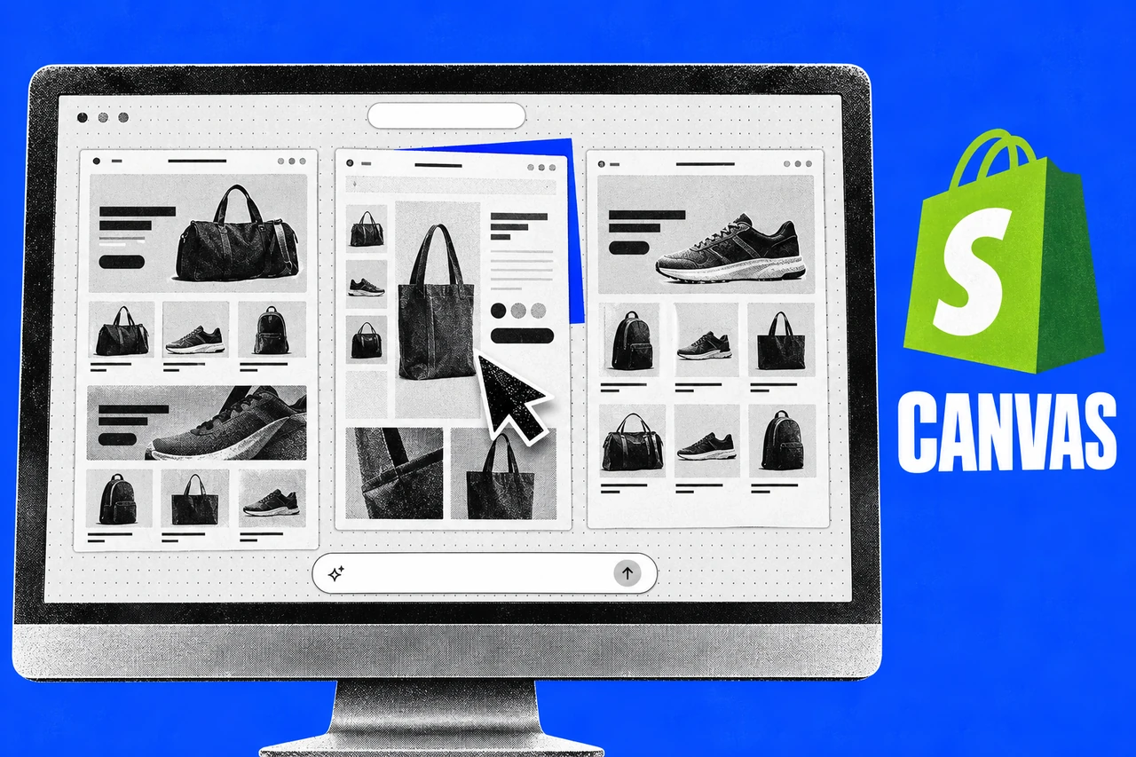 Halftone monitor showing three store-template panels on a dotted workspace, beside a green Shopify logo and CANVAS on cobalt.
