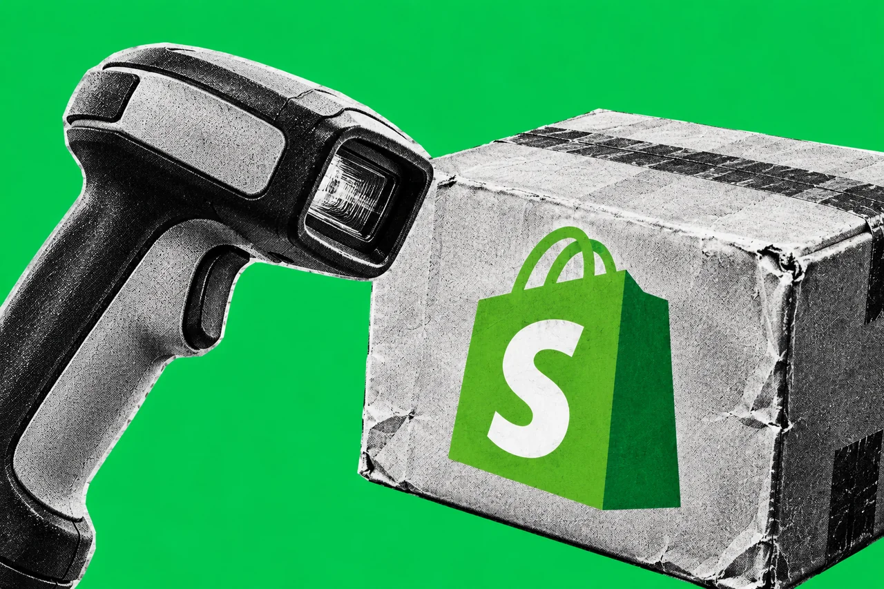 Halftone barcode scanner beside a parcel bearing the green Shopify shopping-bag logo, on an emerald background.