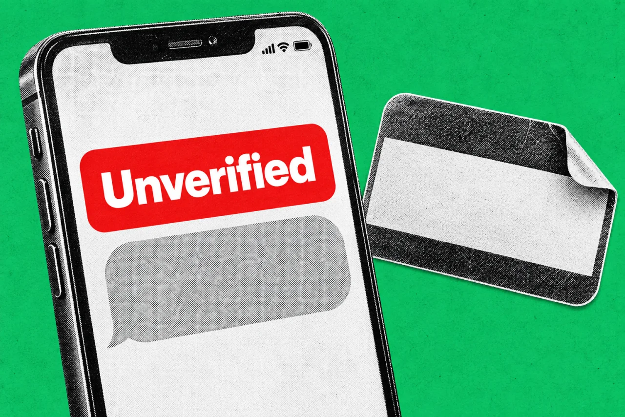 A large smartphone standing upright with a name badge sticker beside it, on an emerald background. On the phone screen, a grey text message bubble with a red badge above it reading "Unverified".