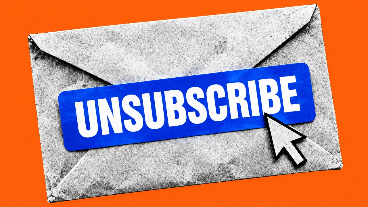 A halftone envelope with a blue UNSUBSCRIBE button and a white cursor pressing it, on an orange background.