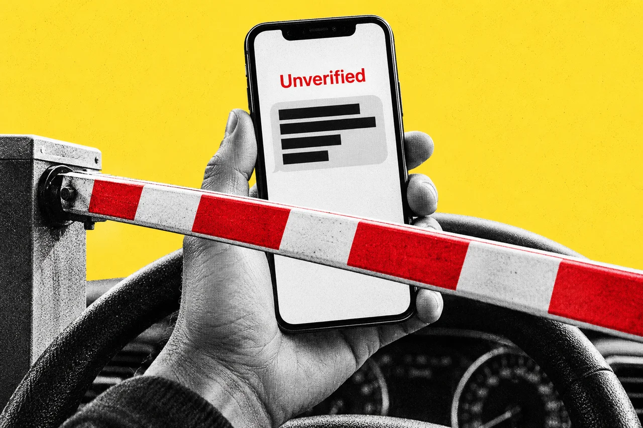 a close-up of a halftone hand holding a smartphone just above a car's steering wheel, with the phone screen showing a single text-message bubble, while the long arm of a halftone toll-booth boom gate swings down diagonally across the phone and the hand. the boom gate arm is the only full-colour object, striped bright red and white, and the sender name at the top of the phone screen reads "Unverified" in bold red; the only readable word
