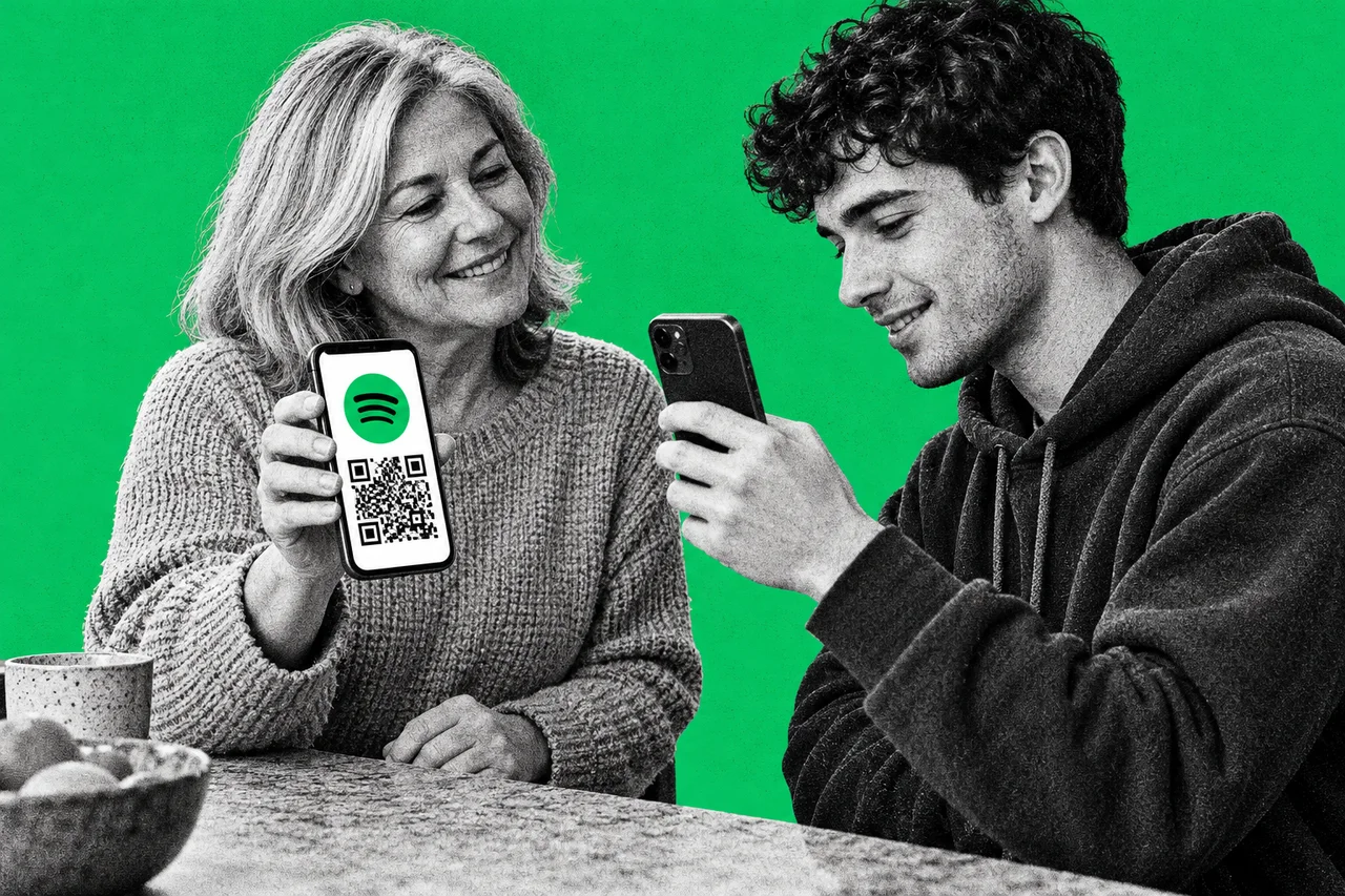 two halftone cut-out people standing side by side at an Australian kitchen bench, an older woman holding up her phone towards a young man in a hoodie who is pointing his own phone at it to scan, both smiling slightly. the green Spotify logo glowing on the older woman's phone screen above a large black-and-white QR code