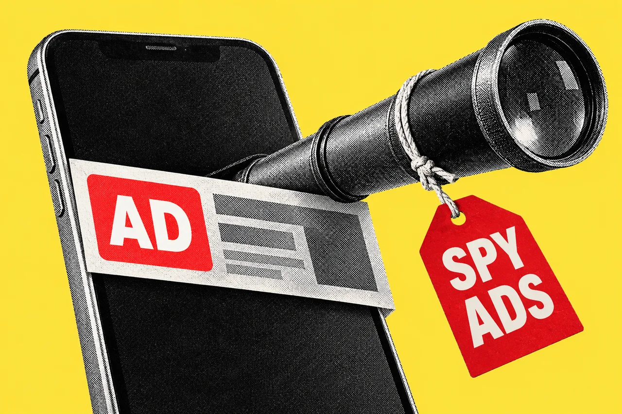 a black-and-white halftone smartphone with an ad banner across its screen, and a halftone spyglass poking out from behind the banner as if peering out of the phone, on one flat saturated security-yellow background; a simple desk collage with visible photocopy grain and no faces, crests, personal data or invented evidence. a bold full-colour red badge on the ad banner reading AD, with a red paper tag tied to the spyglass reading SPY ADS; these are the only three readable words