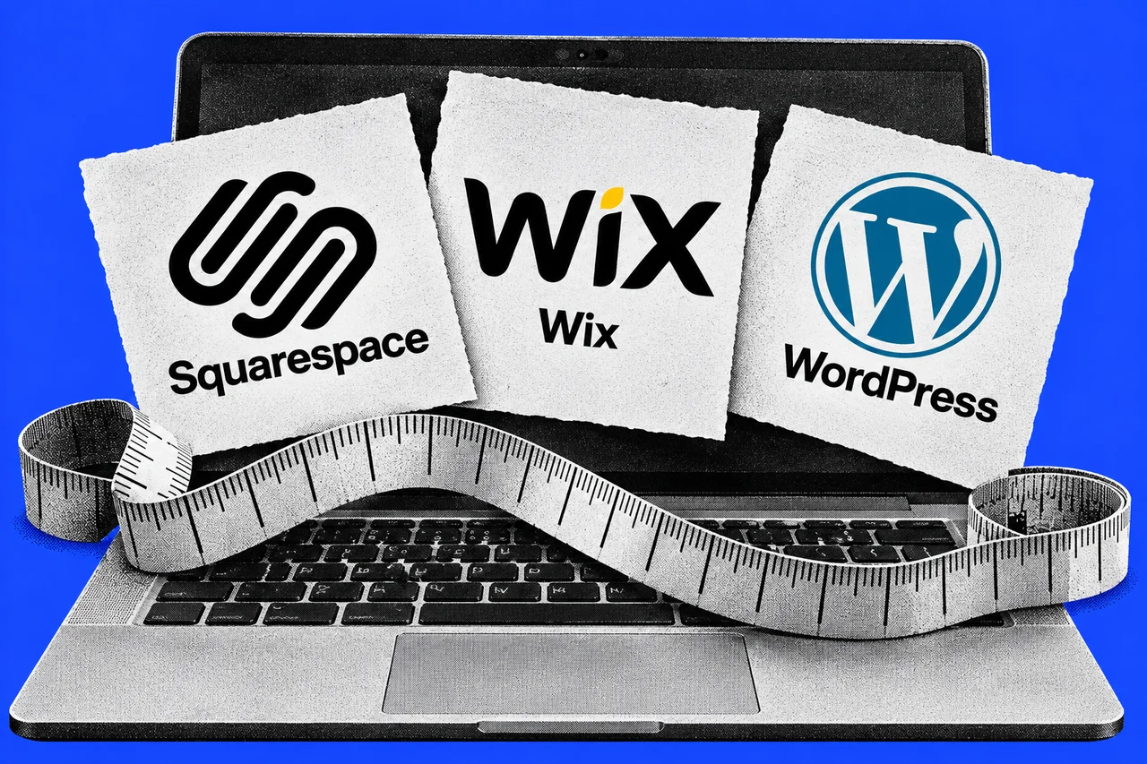 a black-and-white halftone laptop with three rough-cut paper cards fanned across its screen, and a halftone tape measure lying across the keyboard. full-colour Squarespace, Wix and WordPress logos, one on each card, each labelled with its name