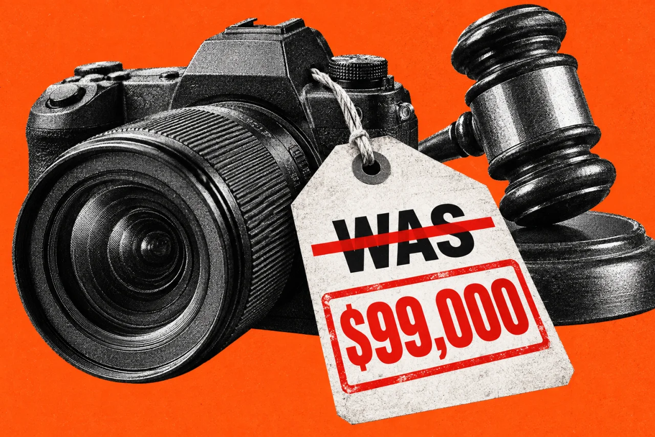 A camera with a paper price tag on a string, and a judge's gavel, on an orange background. The price tag shows the word "WAS" struck through with a thick red line, and a red stamp reading "$99,000".