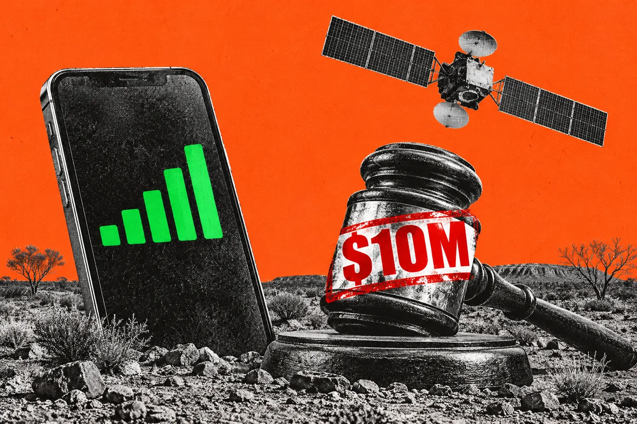 a halftone mobile phone lying on open outback ground under a wide sky, with a halftone satellite overhead and a halftone judge's gavel resting beside the phone. a bold signal-bars icon on the phone screen with a large red stamp across the gavel reading "$10M"