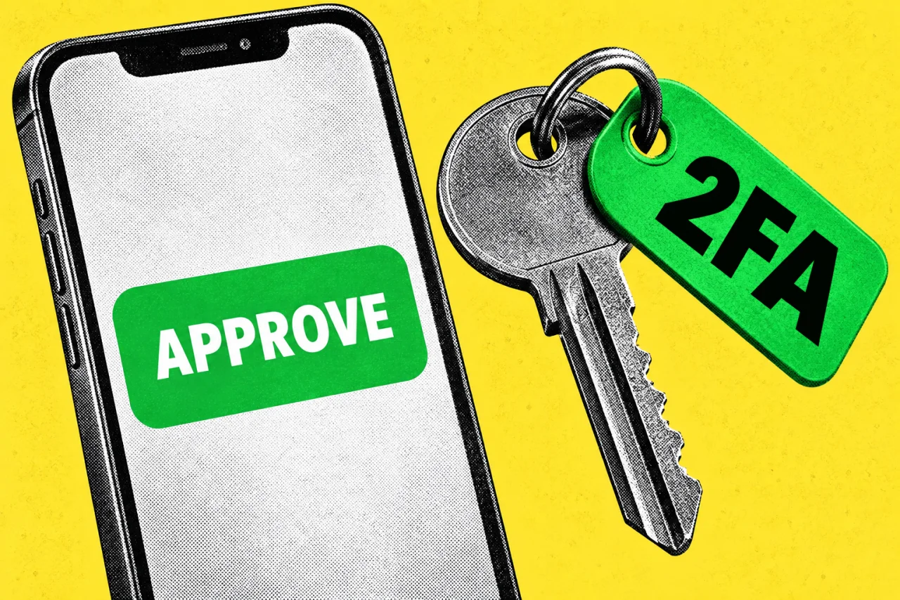 A smartphone next to a physical key, on a yellow background. A big green "APPROVE" button on the phone screen and a bold "2FA" tag on the key.