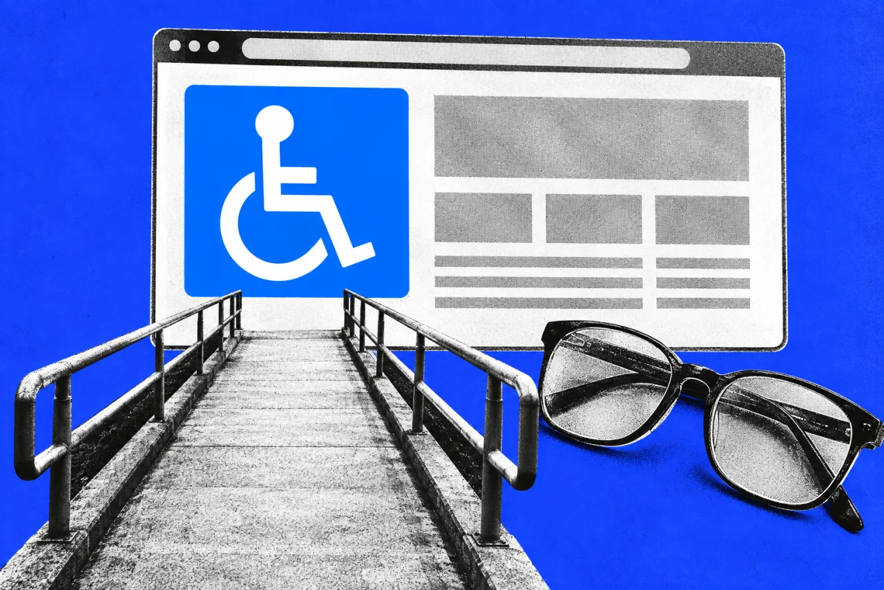 A large web browser window with a ramp leading up into it and a pair of reading glasses, on a cobalt background. The international accessibility symbol in white on a bright blue square, large on the browser window.
