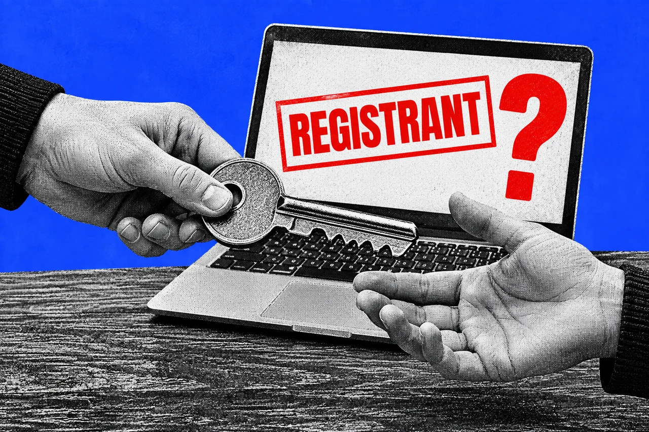 Black-and-white halftone hands passing a key in front of a laptop marked “REGISTRANT” with a red question mark, on a cobalt background.