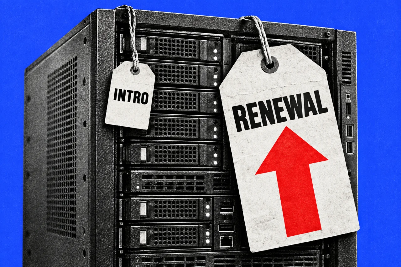 A server unit with two price tags hanging from it, one small and one much larger, on a cobalt background. The small tag reads "INTRO" and the large tag reads "RENEWAL" with a red up arrow.