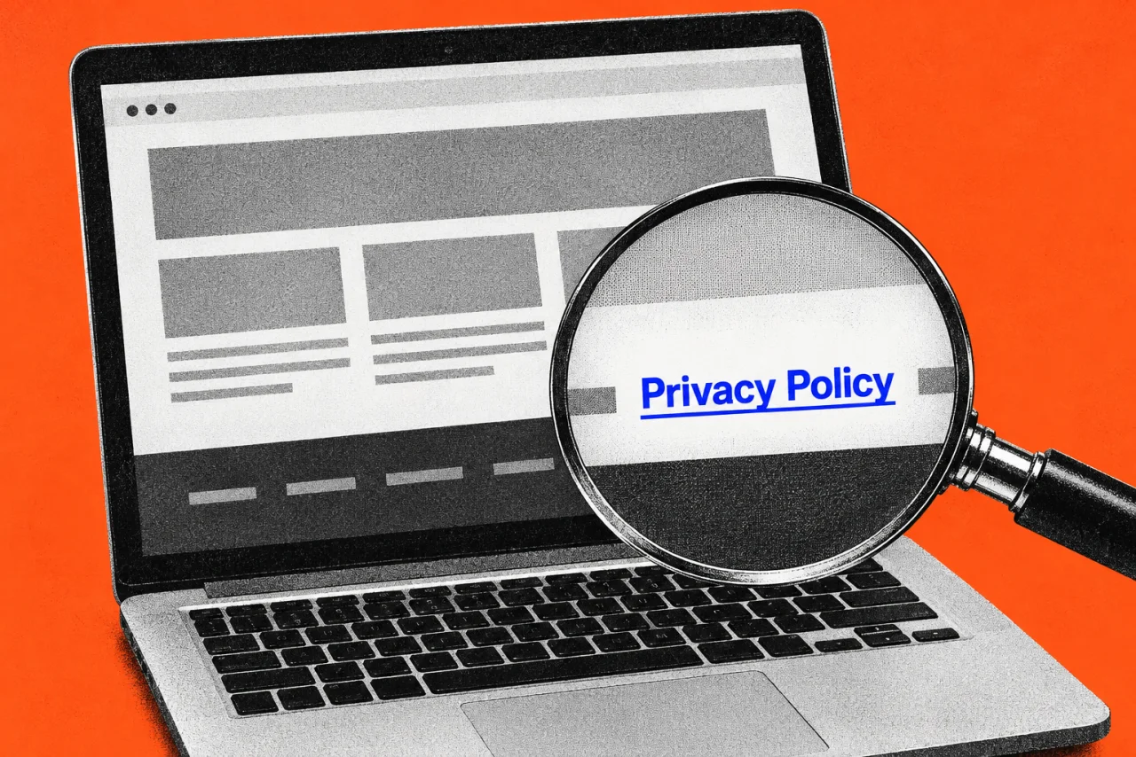 A laptop showing a website, with a magnifying glass over the footer, on an orange background. Inside the magnifying glass, an underlined blue link reading "Privacy Policy".
