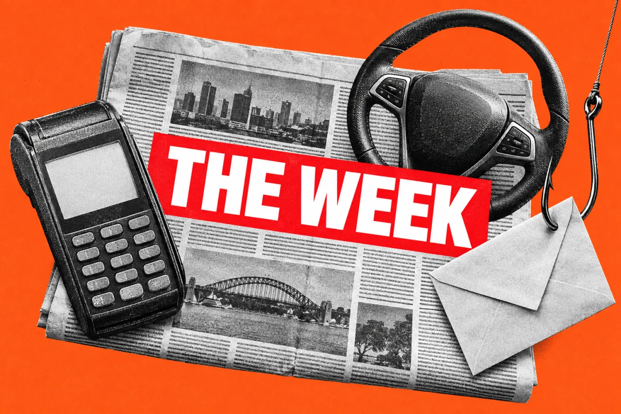 A folded newspaper with three small objects spilling onto it: a card terminal, a steering wheel and an envelope on a fishing hook, on an orange background. A bold red banner across the newspaper reading "THE WEEK".