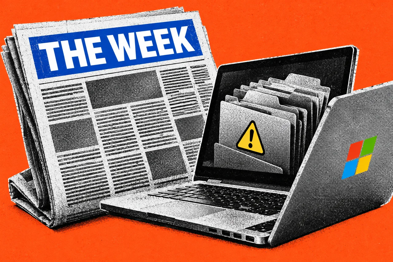 a folded black-and-white halftone newspaper on a flat saturated orange background, beside one rough-cut halftone open laptop whose screen shows a stack of halftone paper file folders; newspaper columns are abstract unreadable lines, with no faces, government crests or personal data. a large blue masthead label on the newspaper reading THE WEEK, plus the real four-colour Microsoft Windows logo on the laptop lid and a small yellow warning triangle on the file folders; the newspaper signals the roundup and the Windows mark identifies its Copilot lead.
