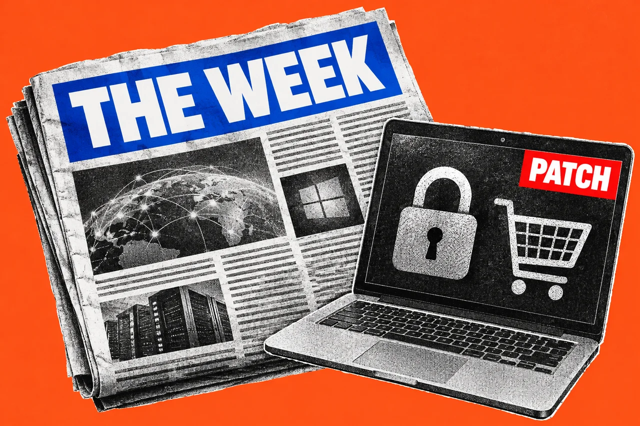 a folded black-and-white halftone newspaper on a flat saturated orange background, beside a rough-cut halftone laptop whose screen shows a halftone padlock and a halftone shopping cart; newspaper columns are abstract unreadable lines, with no faces, government crests or personal data. a large blue masthead label on the newspaper reading THE WEEK, and a small red tag on the laptop reading PATCH; these are the only three readable words