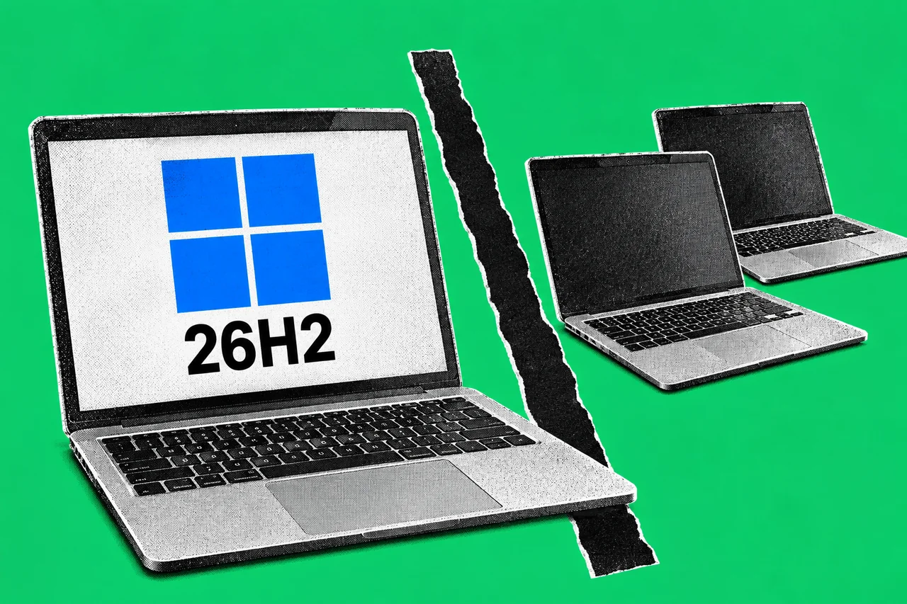 Three halftone office laptops on an emerald background, with the first separated by a black divider and showing the blue Windows mark above “26H2”.