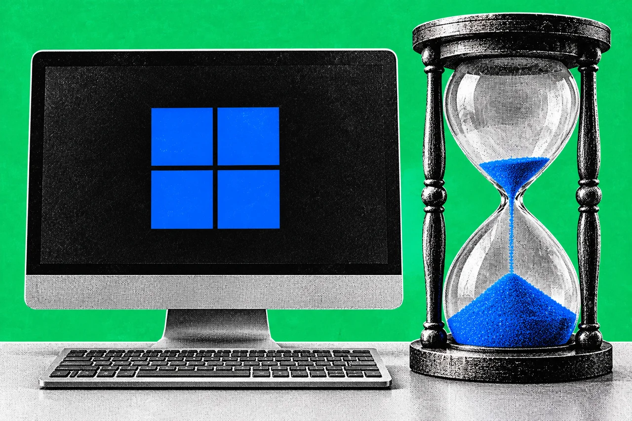 a halftone office desktop computer on a plain desk, seen front-on, with a giant halftone hourglass standing beside it almost as tall as the monitor, most of its sand already fallen to the bottom. the blue four-pane Windows logo glowing on the monitor screen, and the falling sand in the hourglass coloured the same bright blue; the only full-colour elements, with no words