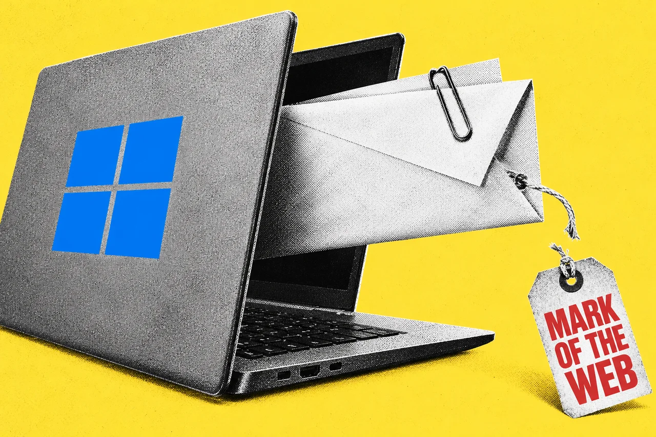 a halftone laptop with a halftone email attachment sliding out of its screen, past a torn paper luggage tag that has fallen off the attachment. the four-pane Windows logo on the laptop lid, and the torn tag printed in bold red capitals with the words "MARK OF THE WEB"