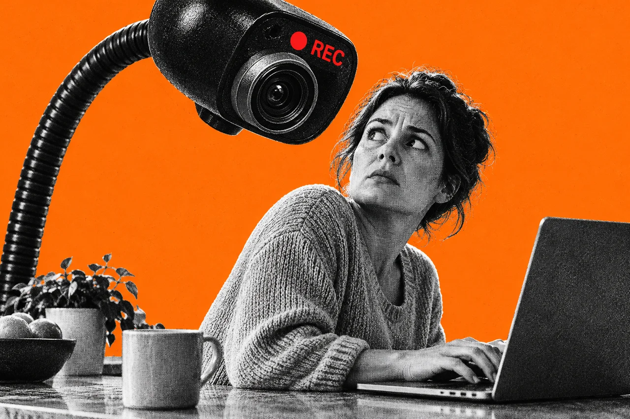 a halftone cut-out of a woman working at a laptop at her kitchen bench at home, glancing up uneasily, while a giant halftone webcam on a long bendy stalk leans over her shoulder like a curious lamp, its lens pointed at her screen. a glowing full-colour red recording light on the webcam with the word "REC" beside it; the only full-colour element and the only readable word