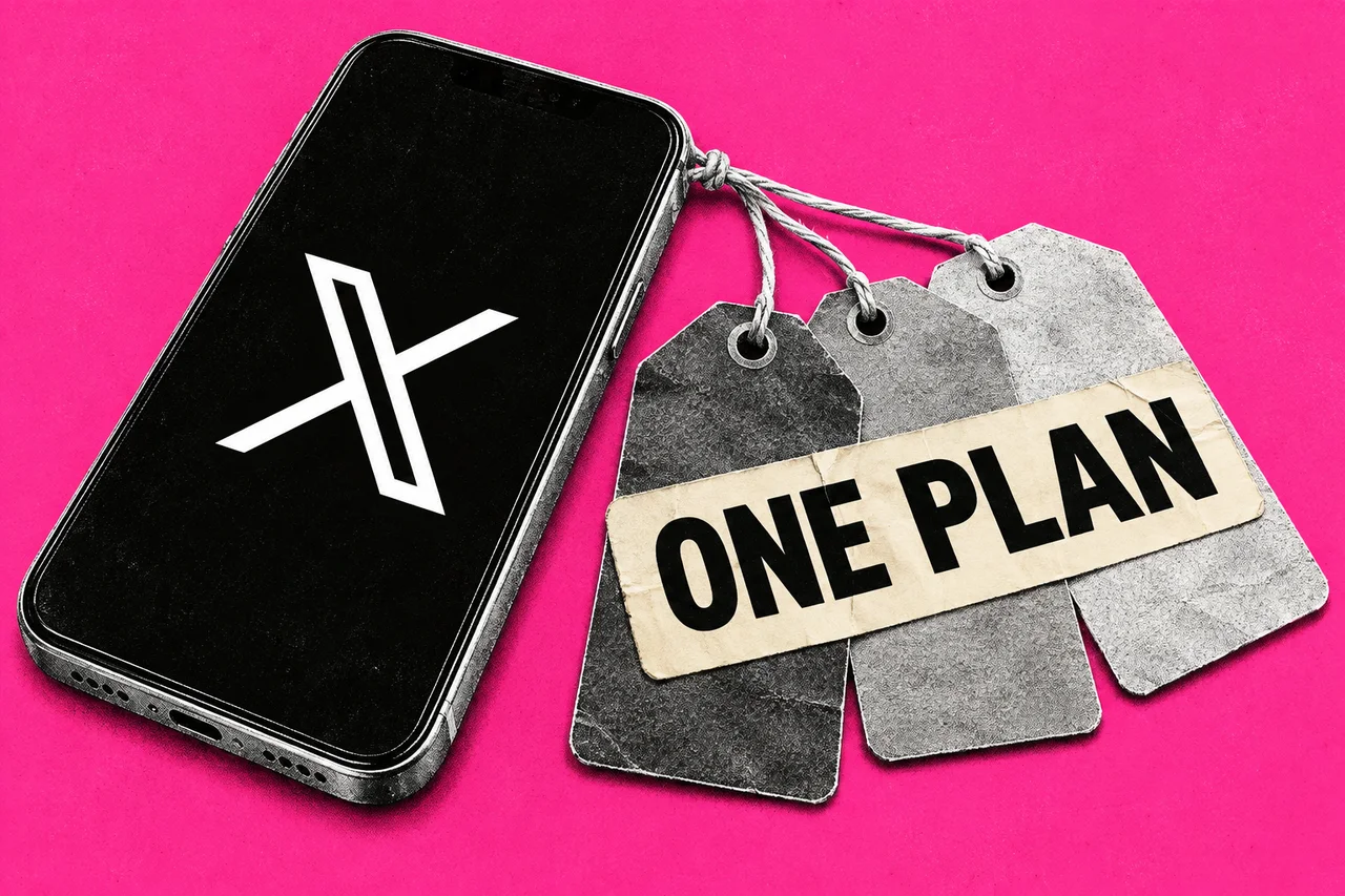 a black-and-white halftone smartphone lying on a desk, with three halftone paper swing tags tied to it by a single piece of string. the white X logo on the phone's black screen, and a bold cream label across the three tags reading "ONE PLAN"