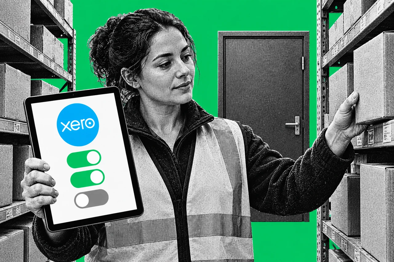 a halftone woman in her thirties in a hi-vis vest standing between tall shelves of cardboard boxes in a small warehouse, holding a tablet in one hand and counting boxes with the other, while a halftone office door behind her stands firmly closed. the tablet screen is the only full-colour element: the bright blue Xero circle logo at the top, and beneath it three toggle switches, two switched on in green and one switched off in grey; no other words