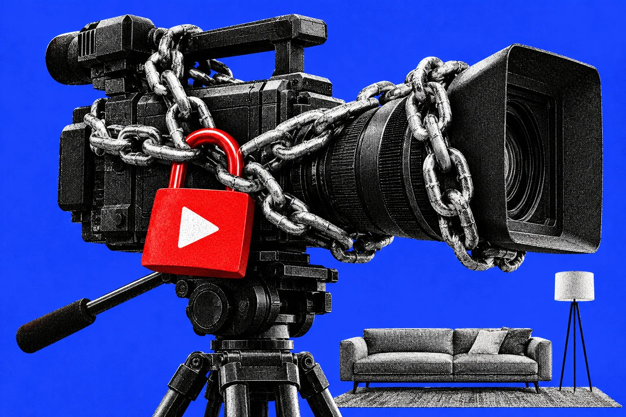 a giant halftone video camera on a tripod, far taller than the halftone suburban lounge room it stands in, wrapped tightly in a heavy halftone chain that loops around its body and lens. a large padlock hanging from the chain, in full colour red with the white YouTube play-button triangle on its body