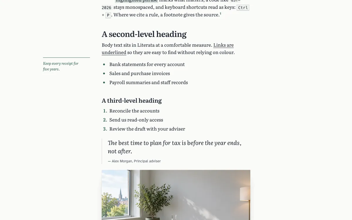 An article in Retainer with a drop cap, a margin note, accent list markers and a pull quote.