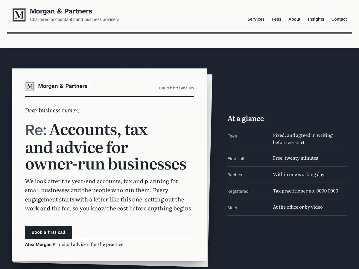 The Retainer theme home page: a letter laid on an ink desk with a booking button on the signature line, and an At a glance summary of fees and registration beside it.